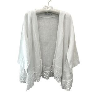 TEMPO PARIS White Linen Open Front Kimono Cardigan Eyelet Hem Made in Italy S/M